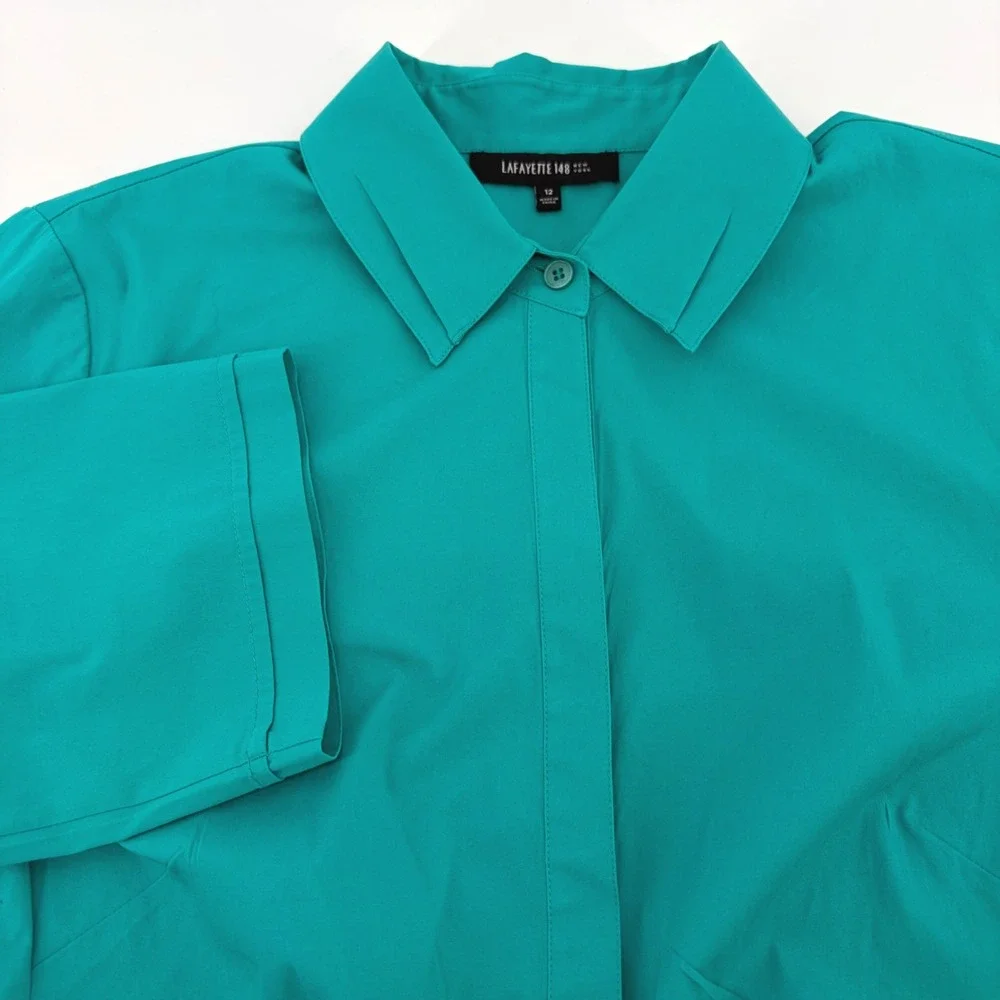 Lafayette 148 New York Teal Green Pleated Waist Hidden Button Down Shirt Size 12 - Picture 1 of 11